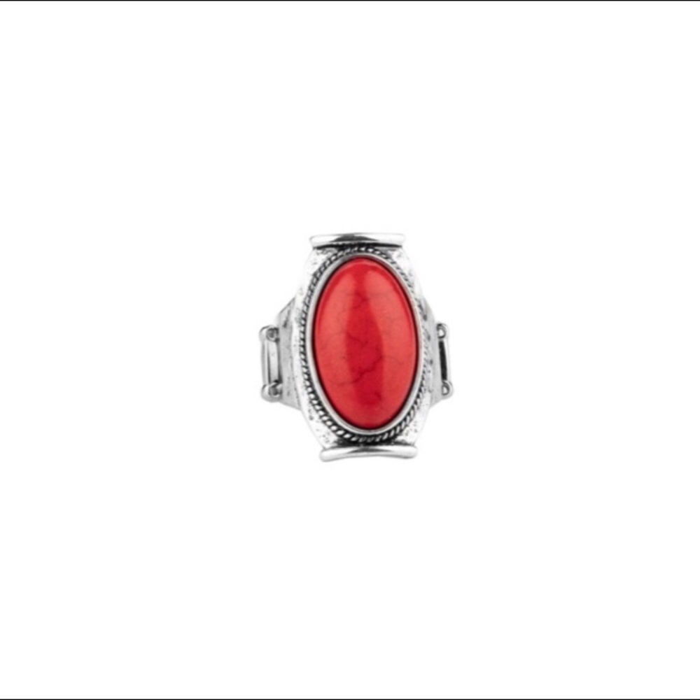 Silver-Toned Ring with Red Colored Stone